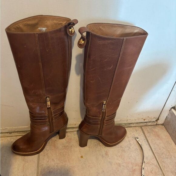 Tory Burch knee high double buckle boots leather dress shoes logo heels - Picture 4 of 11